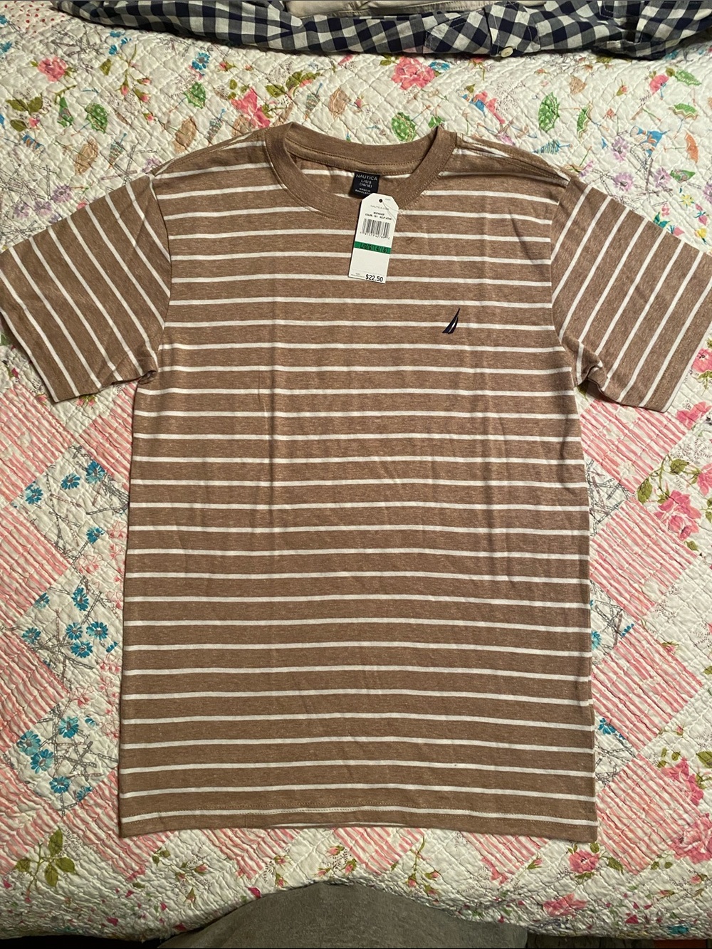 Nautica Boys Brown and White Striped Short Sleeve Crew Tee size 14-16 NWT